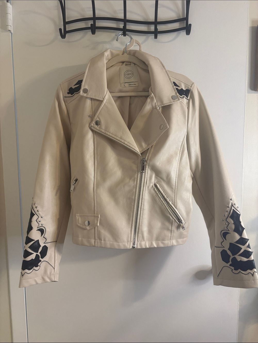Stoosh Cream  faux Leather Biker Jacket with Black Floral Appliqué